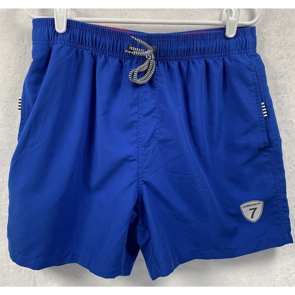 ANQIER Men's Blue Swim Shorts- Elastic Waist, Lined, 3Pockets, Drawstring Size M